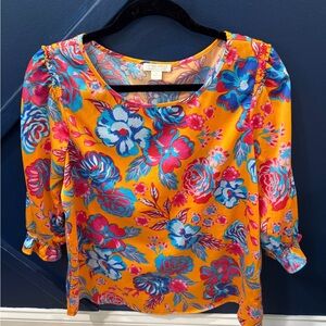 Vibrant Floral Blouse in Orange and Blue
